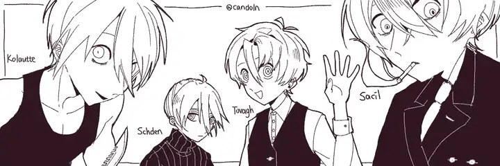 A header image of Candoln's main OCs: Kolautte, Tovagh, Schden, and Sacil.