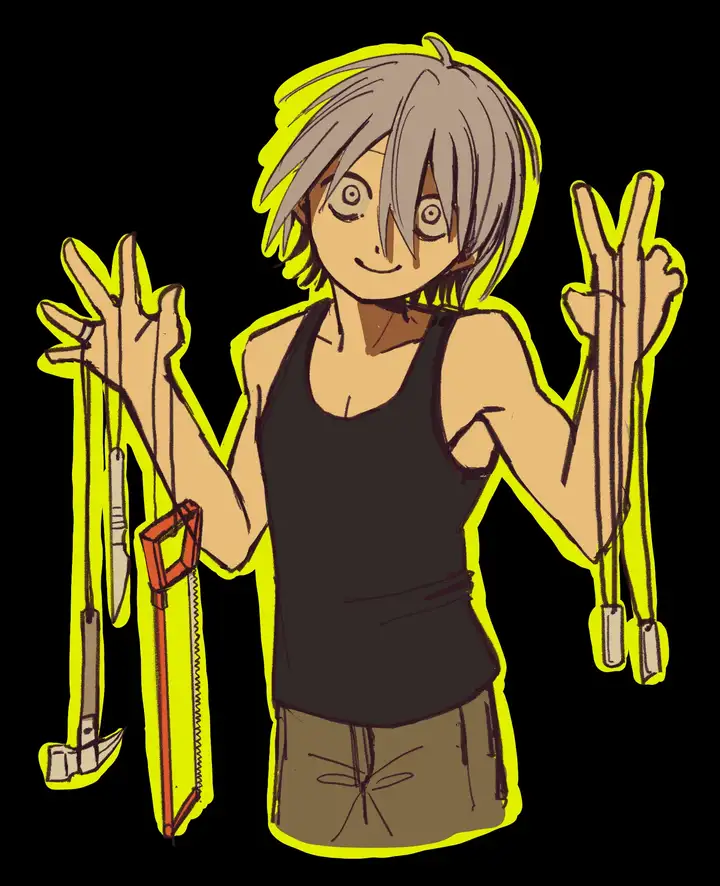 Kolautte shows his weapons.