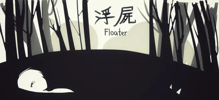 Illustration.Kolautte as Floater, a character lying dead in a dark forest or water, in a stark, minimalist art style.