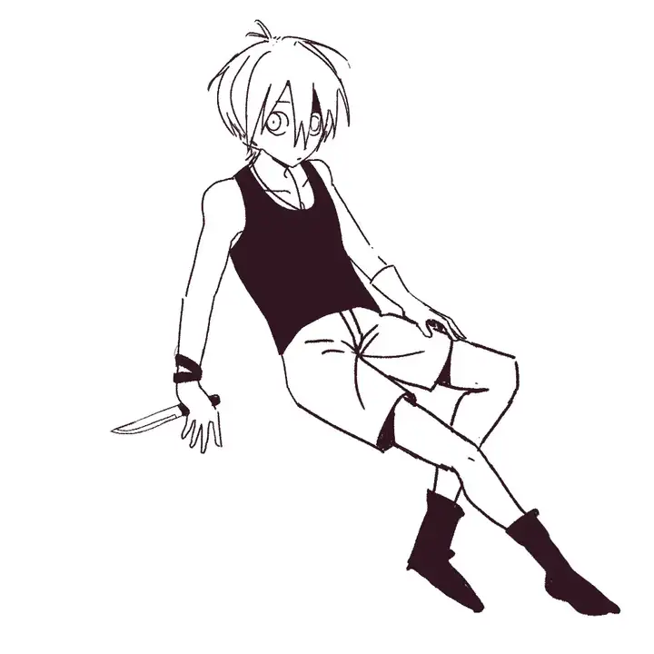 A sitting position of Kolautte, who is wearing a tank top and shorts.