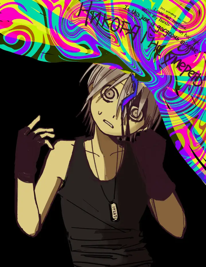 A drawing of a boy with wide, spiral eyes in a state of shock, set against a bright, colorful psychedelic vortex.