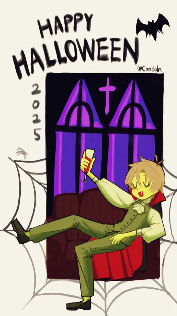 A chibi version of Tovagh is holding a goblet full of tomato juice, pretending to be a vampire.