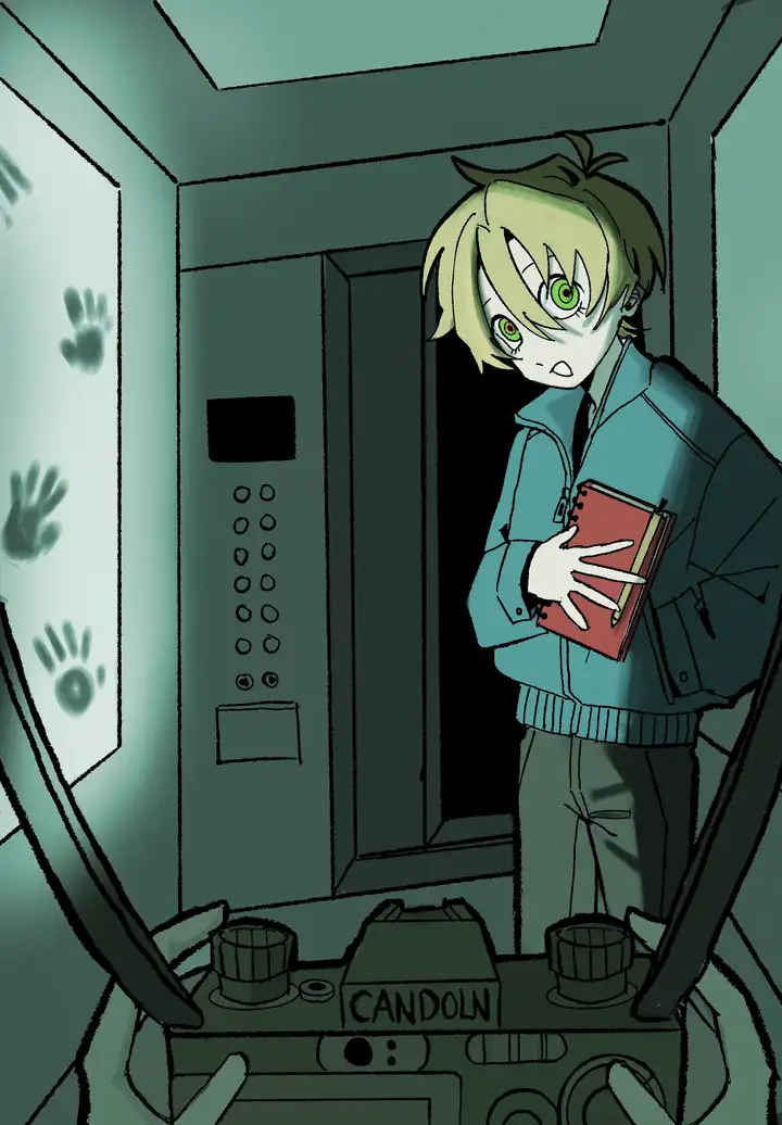 A blond-hair boy, Tovagh,  is standing in a weird elevator.