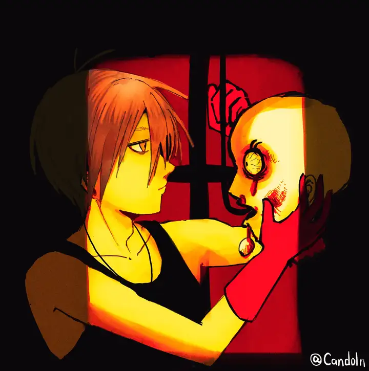 Gore art of Kolautte holding a severed head in one hand and a hook in the other, preparing to hang the head.